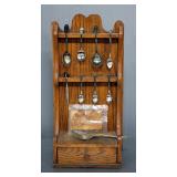 Collectors Spoons In Wood Display, Fork, And Leather Post Card