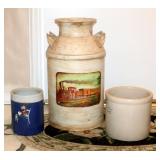 Painted Metal Dairy Can, 24" Tall, 2 Gallon Stoneware Crock And Painted 1 Gallon Crock