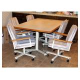 Metal Framed Pedestal Dining Table With Leaf, 29" X 58.5" X 41", Includes Matching Rolling Dining Ch