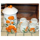 Vintage Mushroom Cookie Jar, Napkin Holder And Coffee Cups, Qty 4