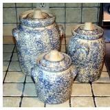 Roseville Pottery, Blue Sponge Ware Canister Set Qty 3