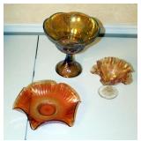 Carnival Glass Pedestal Bowl, 8.5" X 8.25", 9" Ruffle Plate And Ruffled Edge Candy Dish