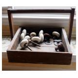 Antique Porcelain Door Knobs Qty. 11 And Wood Tray With Handle