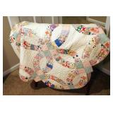 Hand Stitched Wedding Ring Patch Quilt, 82" X 82", And Arts And Craft Wood Quilt Stand, 32" x 25" x 