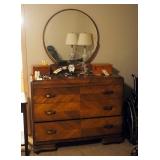 Antique Art Deco Waterfall Dresser With Mirror On Casters, 71" x 46" x 22"