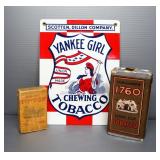 1940s Yankee Girl Chewing Tobacco Enameled Porcelain Sign And Vintage Tobacco