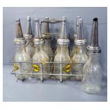 Sunoco Branded Vintage Glass 1 qt Oil Bottles, Qty 9 And Metal Carry Rack