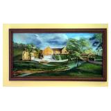 Original Oil Painting On Canvas, Signed "DW", Depicting Boats In Harbor Scene, In Wood Frame 28" x 2