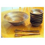 Kustom Kraft Solid Black Walnut Salad Server, Bowls, Qty 7, And Serving Forks