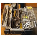 Vintage Accordion Style Tool Box Including, Pipe Wrenches, Socket And Driver, Punches, And More