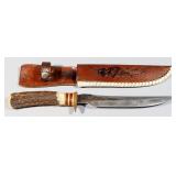 Queen Fixed Blade Knife With Faux Bone Handle, 7" Blade, In Leather Sheath