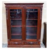 Antique Cabinet With Shell, Lion, And Scroll Relief, 2 Glass Doors, 2 Lower Drawers, 4 Adjustable Sh