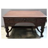 Double-Sided Desk With Ornate Relief Lion And Shell Design, Each Side Has Single Center Drawer And 2