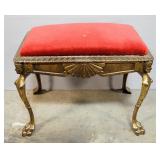 Brass Bench With Padded Seat, Shell Design, Claw Feet, 19" H x 23.5" W x 14" D