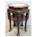 Side Table With Stone Inlay Top, Floral And Totem Pole Designed Carved Wood, Lower Shelf, 31.5" H x 