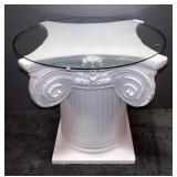 Table With Ionic Column Style Base And Glass Top, Base Is 32.5" H x 30" W x 30" D, Glass Top Is 36" 