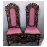 Pair Of High Back Side Chairs With Ornate Carved Wood, Padded Seats And Backs, 54" H