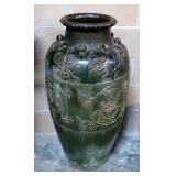 Large Metal Pot With Oriental Style Relief Design, Approx 36" H x 17" Diameter
