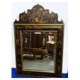 Antique Beveled Wall Mirror In Wood Frame With Relief Oriental Images, 52" H x 34" W