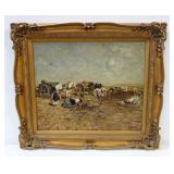 Artwork Of 19th Century Field Workers And Wagons By P. Schubert, On Canvas, Framed, 31" x 27"