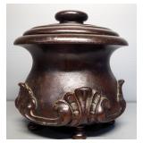 Wood Carving Of Elephant Herd And Carved Wood Jar With Lid