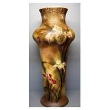 Ceramic Vase With Handpainted Bird And Floral Images And Gold Accents, 19" H