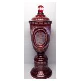 Ruby Crystal Urn With Cut Glass Leaves And Relief Flower Design, 15.5" H