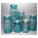 Vintage Ball And Atlas Blue Glass Canning Jars, Qty 6