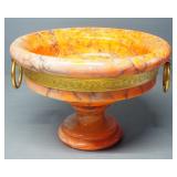 Stone Bowl With Grecian Style Gold Tone Band And Rings, Pedestal Base, 5.25" H x 8" Diameter