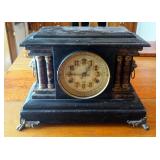Late 1800s New Haven Seneca Mantel Clock With Lion Head Accents And Claw Feet, 11" X 16" X 7"
