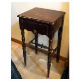 Antique Karpen Furniture Turned Wood Accent Table With Single Drawer, 29" x 15" x 13.5"