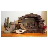 Carved Stone Pueblo Village Statue, 10" x 15", Wood Coyote Napkin Holder, Viking, And Miniature Anim