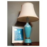 Painted Ceramic Table Lamp, With Tapered Cloth Shade, 30" Tall, And Framed Banjo Print, 14" x 12"