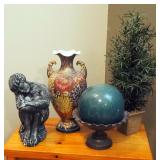 Painted Ceramic Vase, Decorative, Glazed Stoneware Sphere, Garden Statue, And Artificial Potted Gree