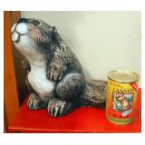 Painted Cast Concrete Beaver Statue, 10" Tall, Assorted Plush Beaver Toys, And Novelty Canned Beaver