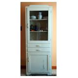 Antique Painted Wood Kitchen Cabinet, Glass Panel Door, 2 Drawers And Storage, 66