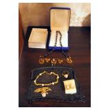 Antique Silver Mesh Chain Purse, 14K And Pearl Gold Plated Necklace, Earrings And Pendant With Brace