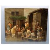 Antique Original Painting Of Puppet Show In Courtyard Scene, 25.25" W x 20" H