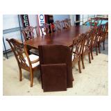 Dining Table With Shell And Leaf Design, Includes 10 Carved Wood Chairs With Upholstered Seats, 2 Le