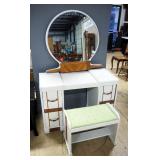 Vintage Art Deco Vanity With 4 Drawers, Padded Bench And Mirror, Dovetail Construction, 29.5" H x 42
