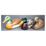 Carved Wood And Porcelain Duck Figures, Qty 3