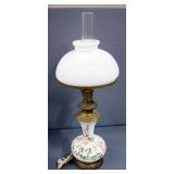 Glass And Brass Table Lamp With Handpainted Floral Design, 29" High, Powers On