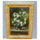 Original Oil On Canvas Floral Still Life Signed Vargas, Framed 34" W x 44.5" H
