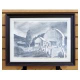 Joe Barnes Signed Pencil Sketch Of Missouri Barn, Framed Matted Under Glass, 16.75" W x 12.75