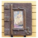 Carved Wood Picture Album Cover With Anchor And Print Of Tall Ship, Had Been Attached By Leather Str