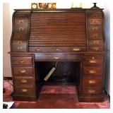 Solid Wood 17 Drawer Roll Top Desk, With Pull Out Keyboard Tray, 53" x 54" x 33"