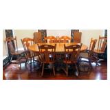 Solid Wood Oval Dining Table, With Double Pedestal Base, And 4 Leaves, 8 Matching Spindle Back Chair