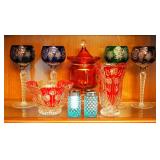 Colored Cut Glass Stemware, Candy Dish, Vase, And More