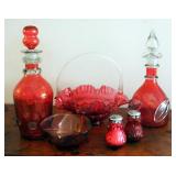 Cranberry Art Glass Basket With Ruffled Edge, 9" Tall, Cranberry Crackle Glass Decanters, Qty 2, Can