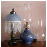Porcelain Oil Lamp, And Vanity Lamp, With Beaded Glass Shade